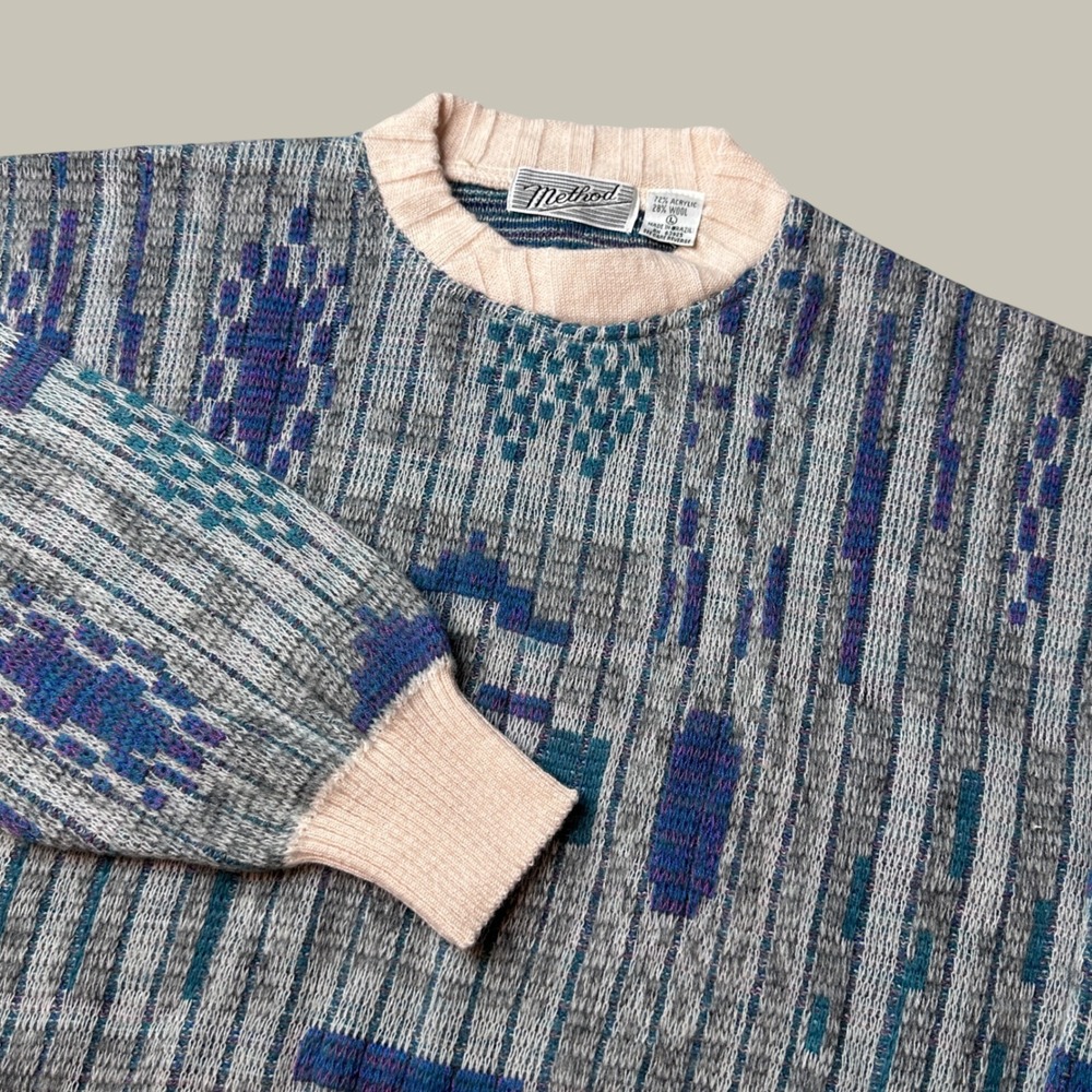 Vintage Method Sweater Mens Large Abstract Geometric Gray Blue Wool Blend 90s